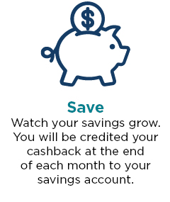 Save - Watch your savings grow. You will be credited your cashback at the end of each month to your savings account.